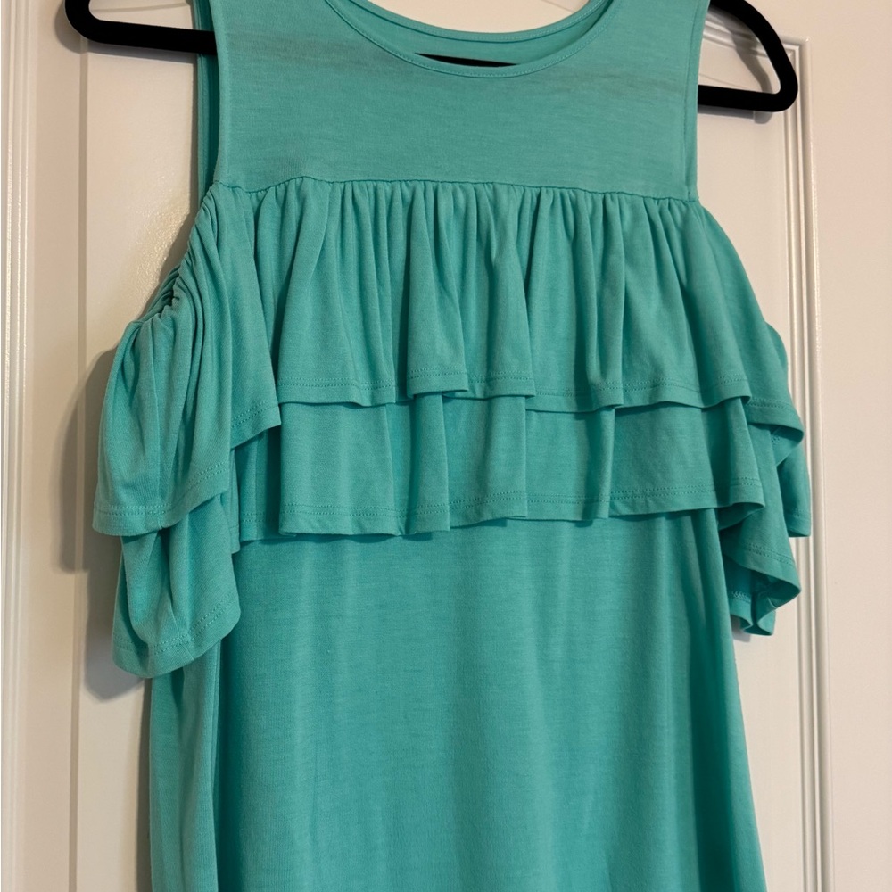 a.n.a Teal Ruffle Cold Shoulder Top
